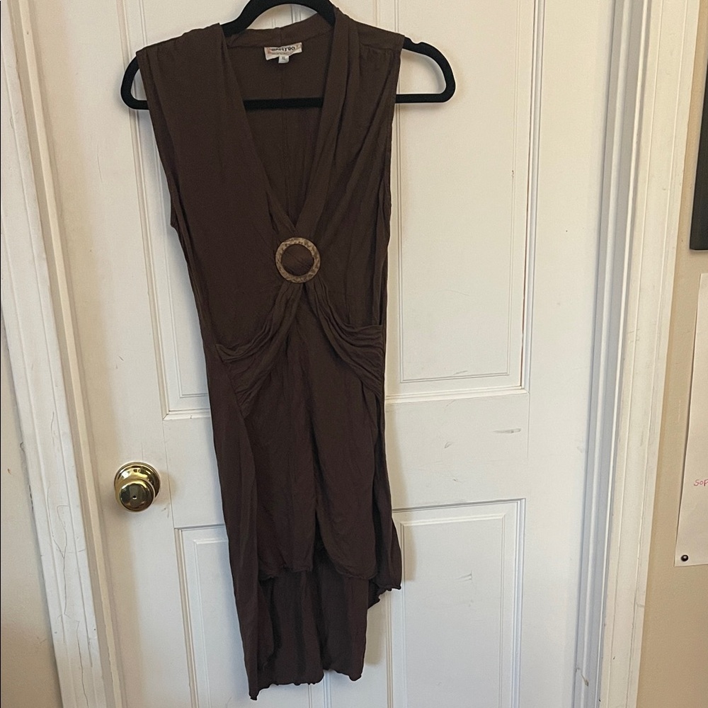 Sleeveless High-Low Brown V-Neck Dress with Ring Detail